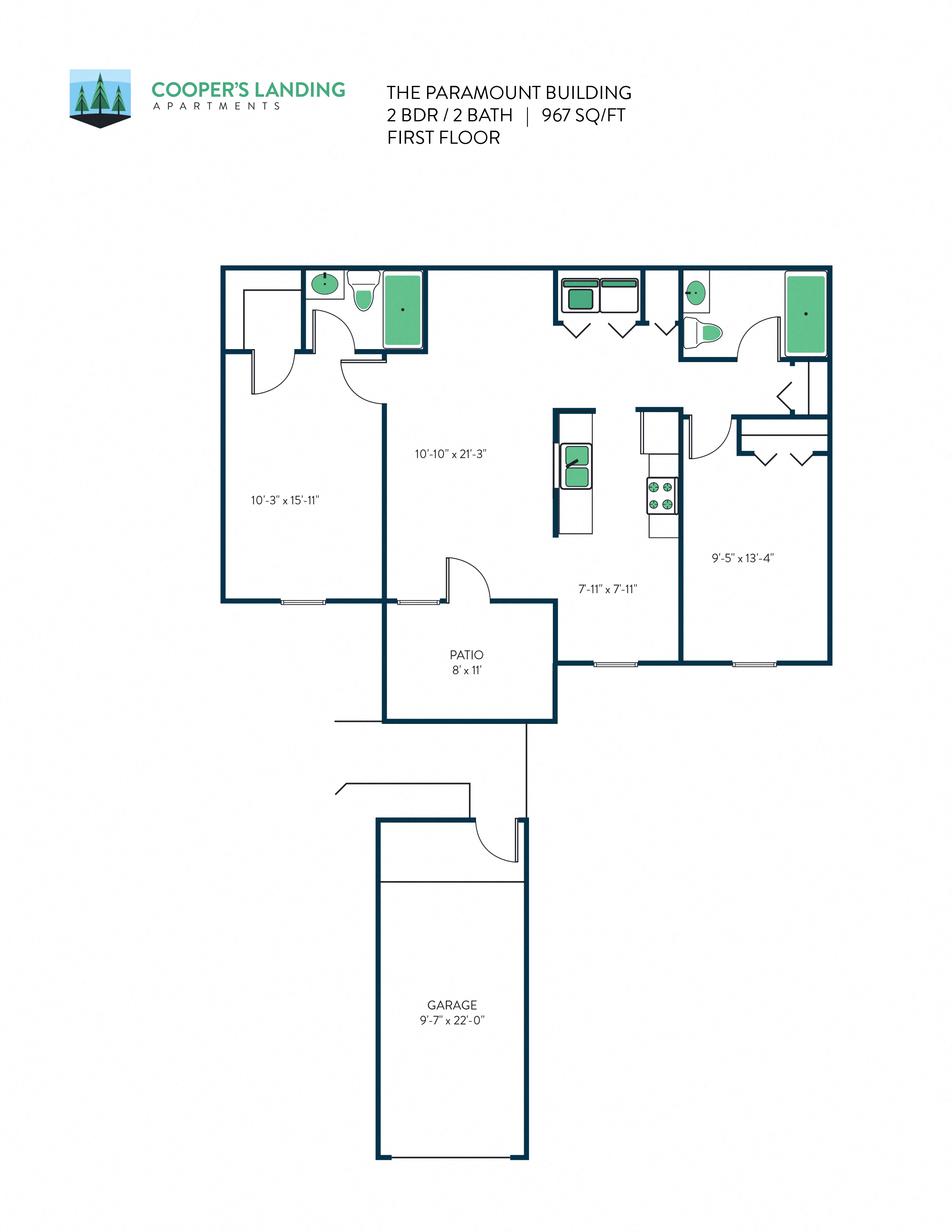 Floor plan for 2 beds, 2 baths, 967 sqft